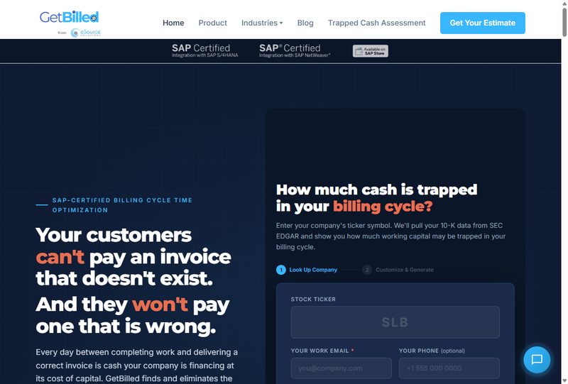 Screenshot of GetBilled — an SAP-certified billing intelligence platform with AI account scoring