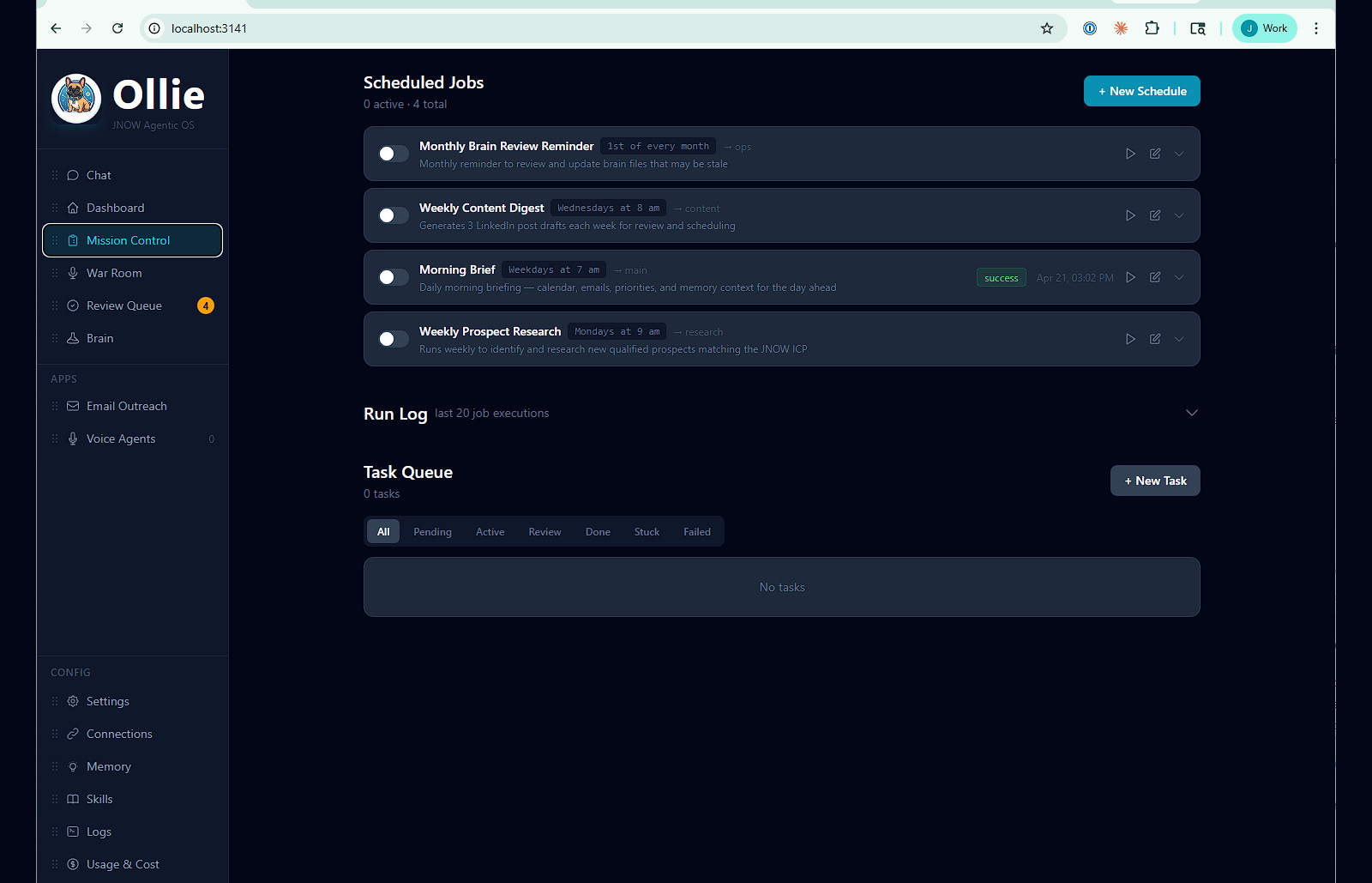 Screenshot of Ollie — JNOW's custom Agentic Platform: multi-agent dashboard, voice receptionist, and business brain